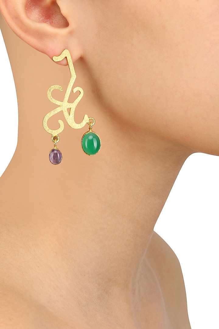 Gold Plated Green Onyx and Amethyst Stone Statement Earrings by Varnika Arora