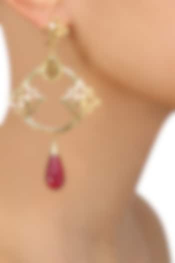 Gold Plated Lemon Quartz and Pink Quartz Stone Statement Earrings by Varnika Arora