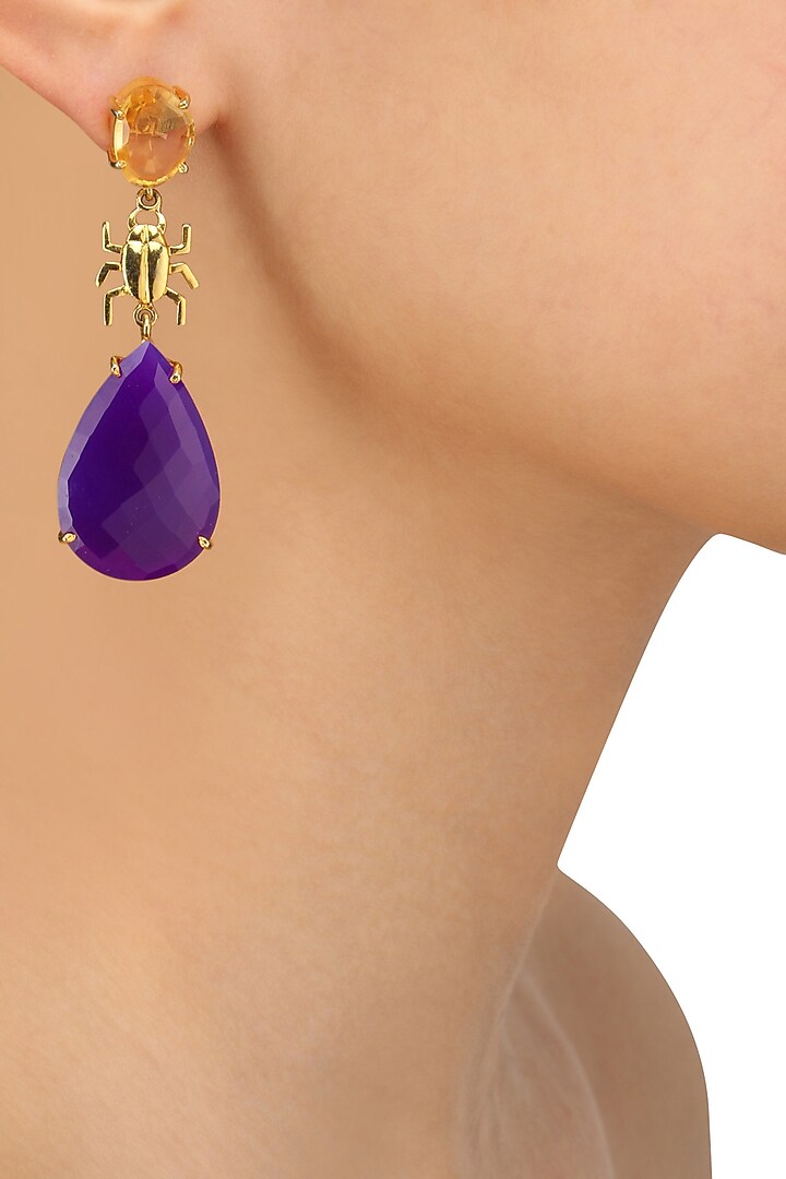 Gold Plated Purple Onyx and Citrine Stone Statement Earrings by Varnika Arora