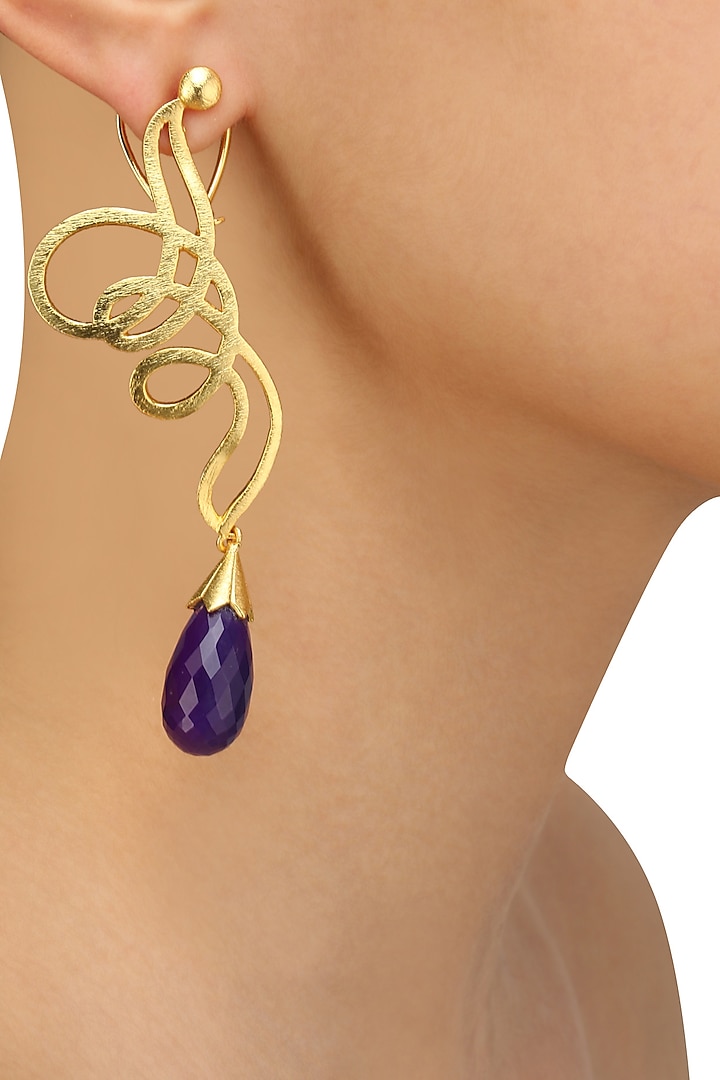 Gold Plated Purple Onyx Stone Earrings by Varnika Arora