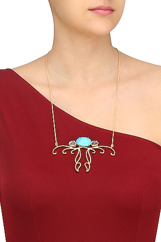 Gold Plated Turquoise Semiprecious Stone Pendant Necklace by Varnika Arora