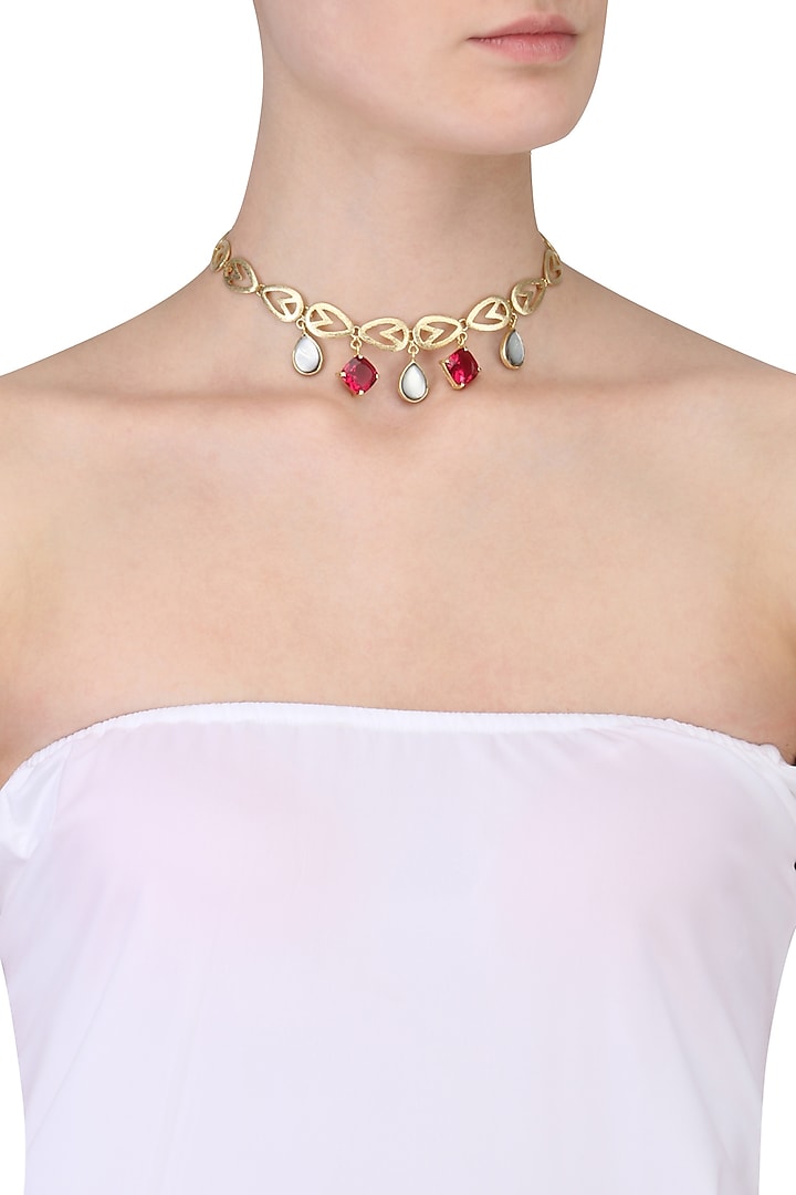 Gold Plated Pink Quartz and White Mother Of Pearls Choker by Varnika Arora