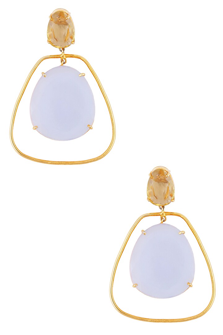 Varnika Arora presents Gold plated chalcedony and cut lemon quartz statement earrings available only at Pernia's Pop Up Shop.