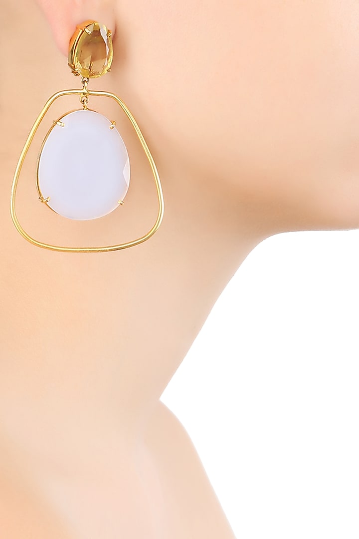 Gold Plated Chalcedony and Cut Lemon Quartz Statement Earrings by Varnika Arora