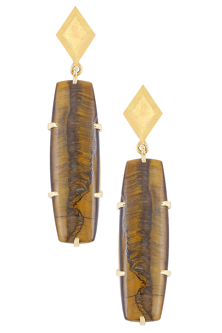 Varnika Arora presents Gold plated cabochon stone and Tiger's Eye statement earrings available only at Pernia's Pop Up Shop.