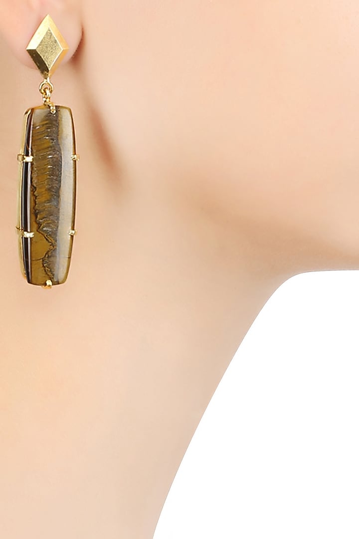 Gold Plated Cabochon Stone and Tiger's Eye Statement Earrings by Varnika Arora
