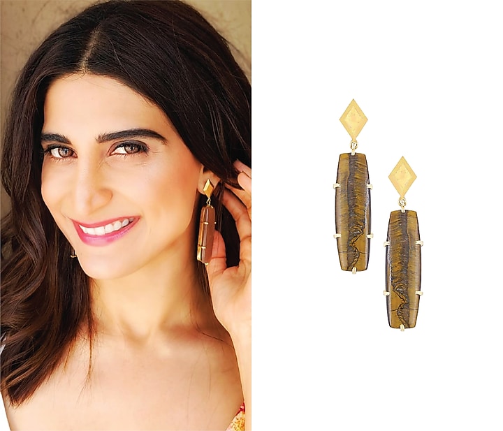 Varnika Arora presents Gold plated cabochon stone and Tiger's Eye statement earrings available only at Pernia's Pop Up Shop.