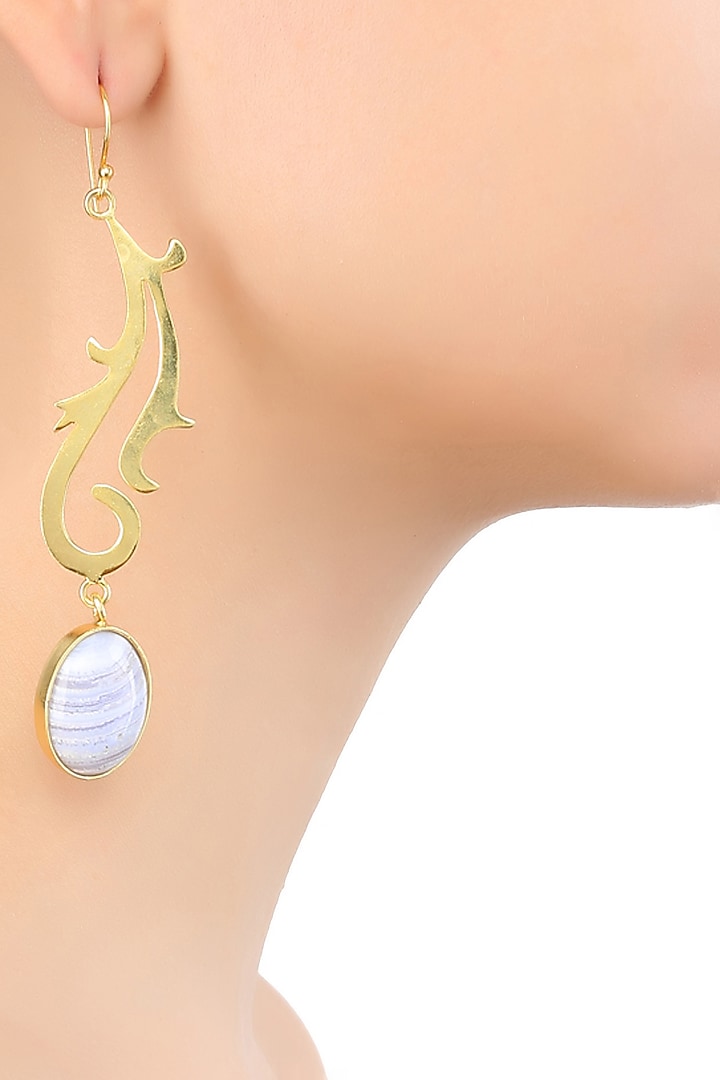 Gold Plated Semi Precious Stone Blue Lace Agate Statement Earrings by Varnika Arora