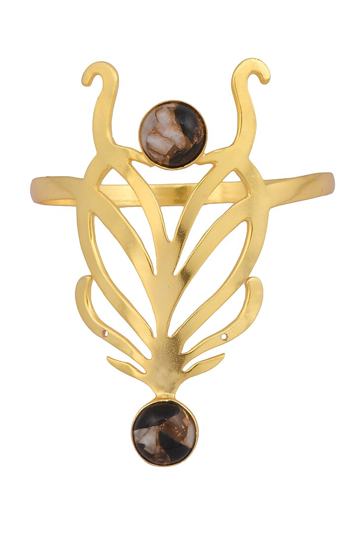 Varnika Arora presents Gold plated cabochon mohave copper mix stone statement wrist palmcuff available only at Pernia's Pop Up Shop.