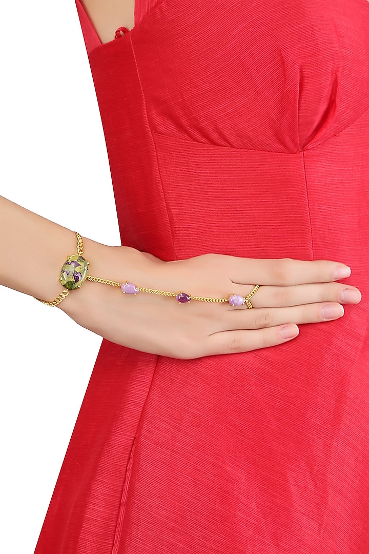 Gold Plated Amethyst, Phosphoderite and Mohave Stichitite Statement Hand Harness by Varnika Arora