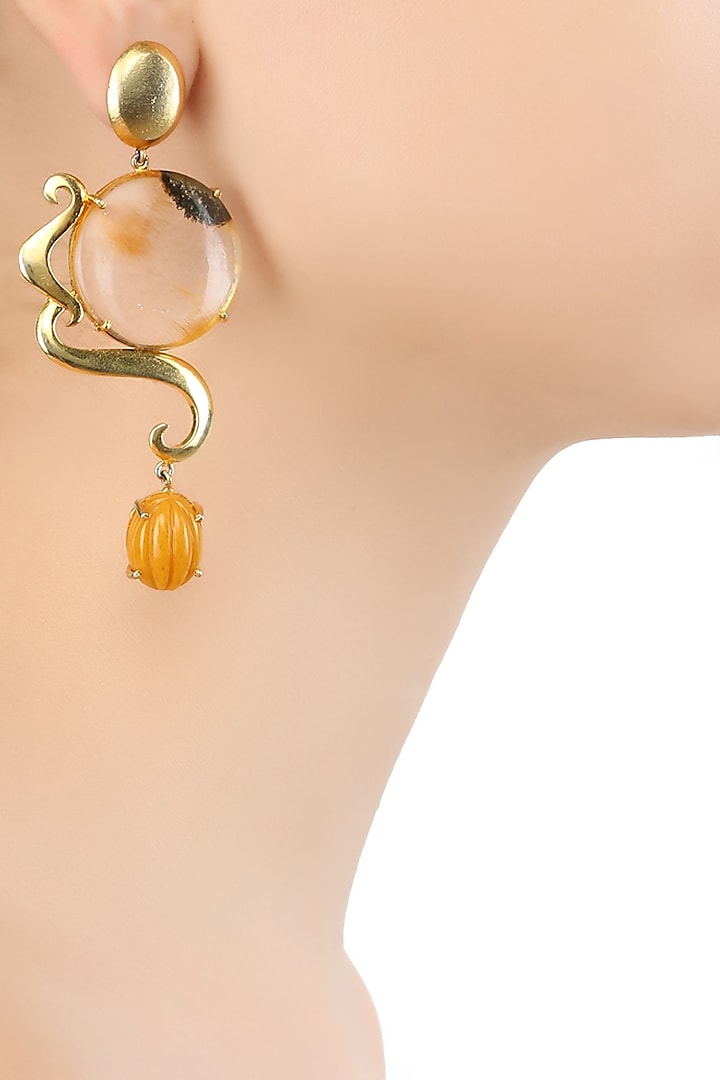 Gold Plateed Yellow Rutile and Carved Yellow Aventurine Stone Earrings by Varnika Arora