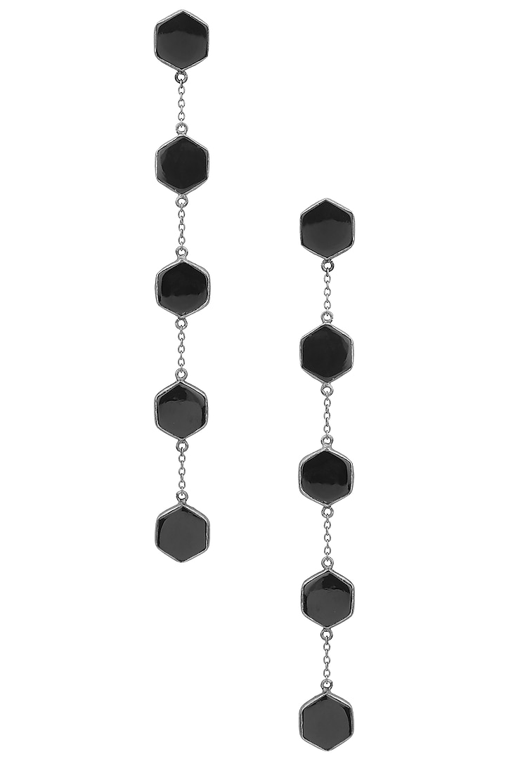 Gunmetal plated black onyx stones earrings available only at Pernia's