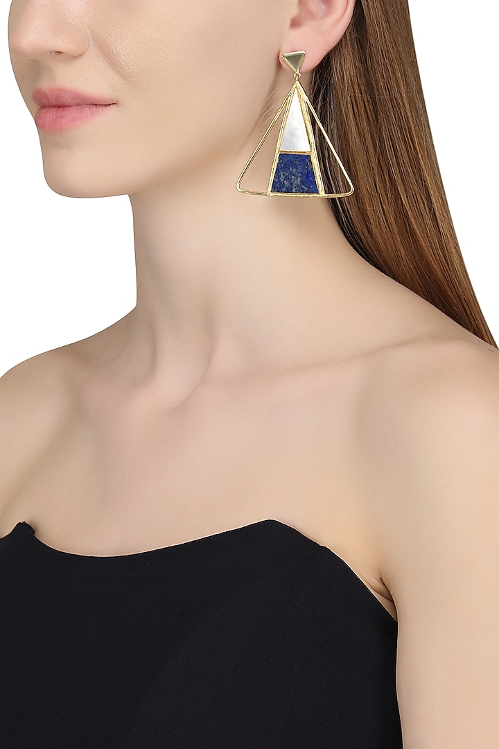 Gold Plated Mother Of Pearl and Blue Lapis Stone Earrings by Varnika Arora