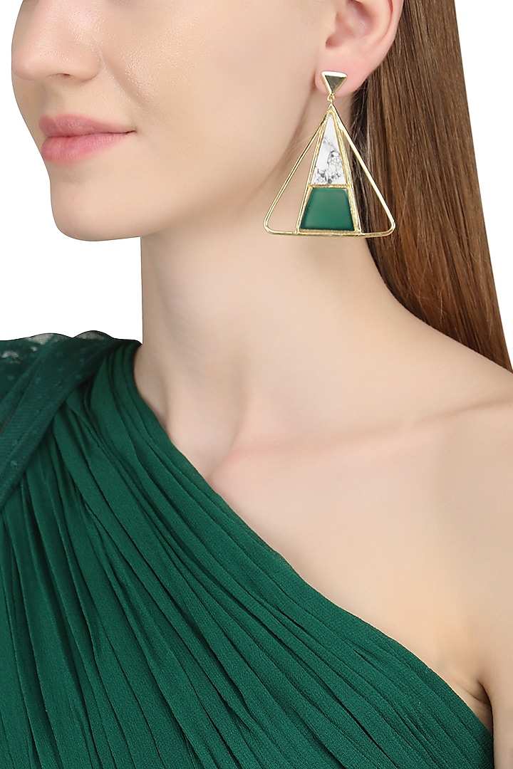 Gold Plated Green Onyx and Howlite Stone Earrings by Varnika Arora