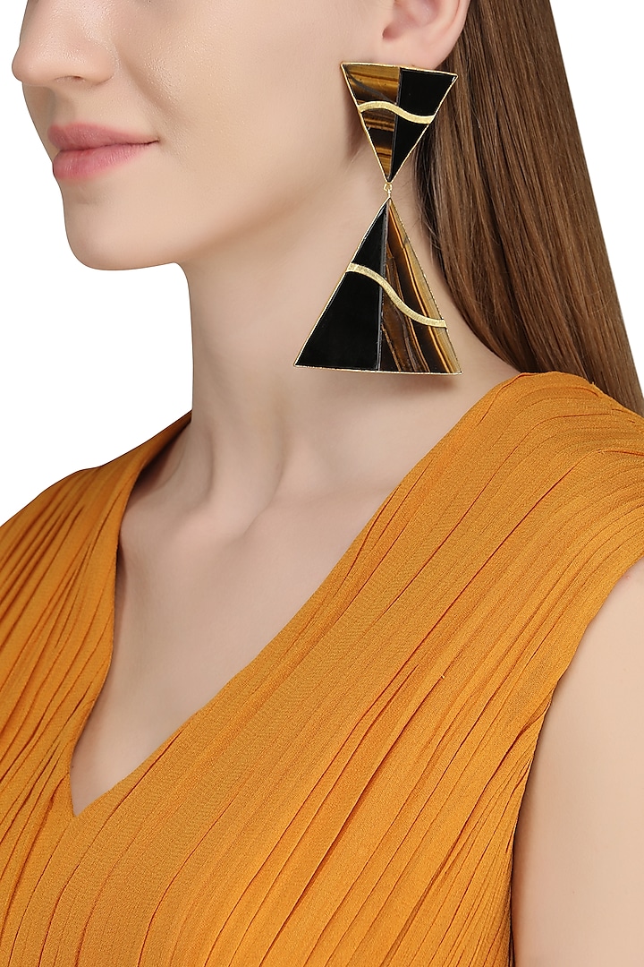 Gold Plated Black Onyx and Tigers Eye Stone Earrings by Varnika Arora