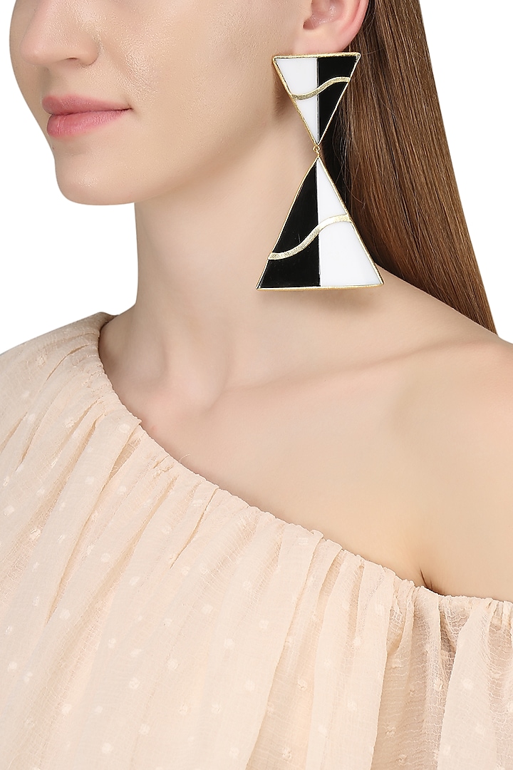 Gold Plated Black Onyx and White Agate Stone Earrings by Varnika Arora
