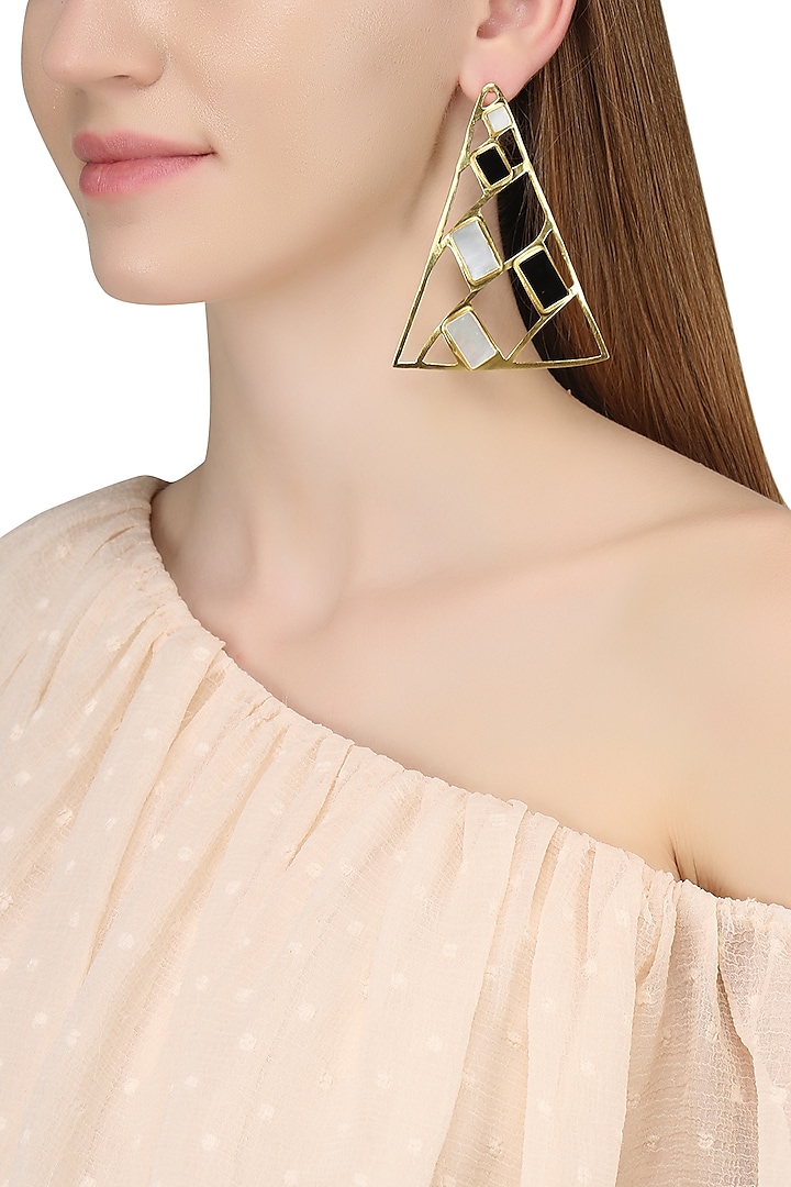 Gold Plated Mother Of Pearl and Black Onyx Earrings by Varnika Arora