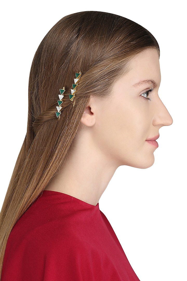 Gold Plated Green Onyx Embellished Hair Pin by Varnika Arora