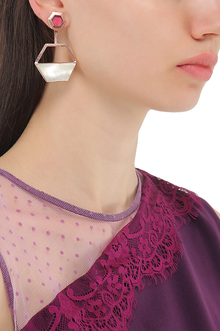 Rose Gold Plated Pink and White Gypsy Moth Earrings by Varnika Arora