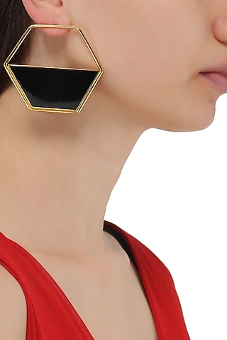 Gold Plated Black Airfoil Hoop Earrings by Varnika Arora
