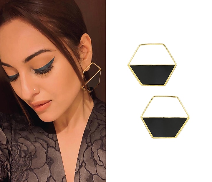 Gold plated black airfoil hoop earrings available only at Pernia's Pop Up Shop.