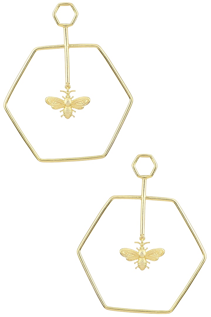 Gold Plated Hexagon Bee Dune Earrings by Varnika Arora