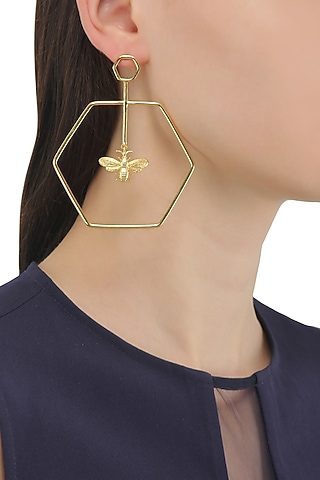 Gold Plated Hexagon Bee Dune Earrings by Varnika Arora