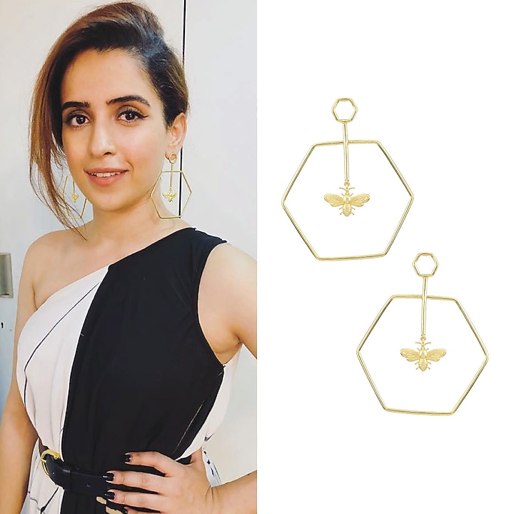 Gold plated hexagon bee dune earrings available only at Pernia's Pop Up Shop.