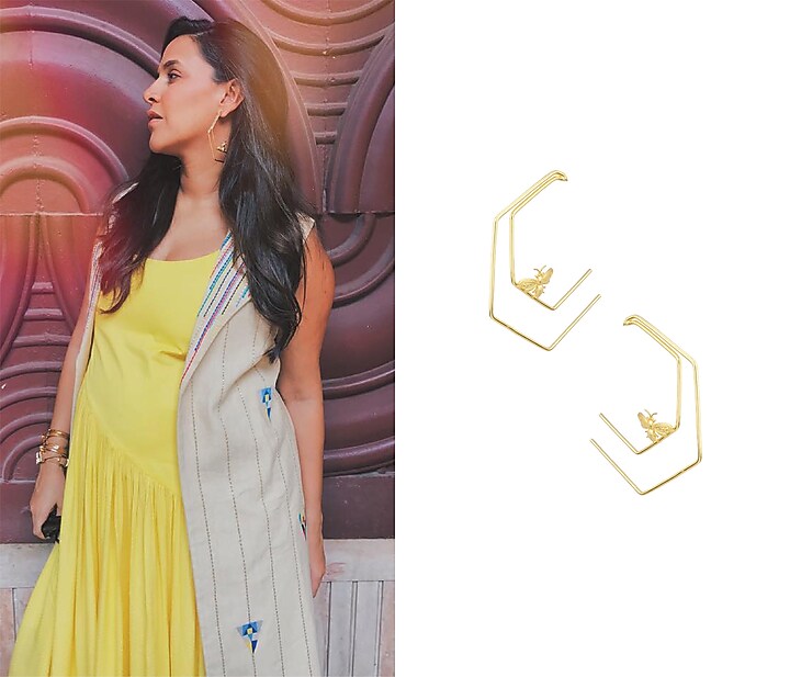 Gold plated double line Killer Bee Hoop Earrings available only at Pernia's Pop Up Shop.