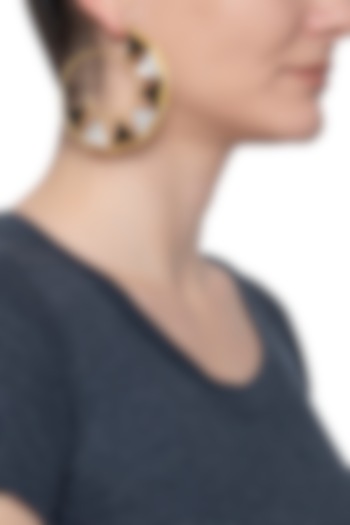 Gold plated black onyx and pearl stone hoop earrings by Varnika Arora