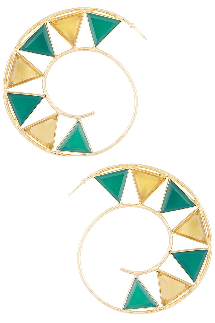 Gold plated green onyx and citrine stone hoop earrings by Varnika Arora at Pernia's Pop Up Shop