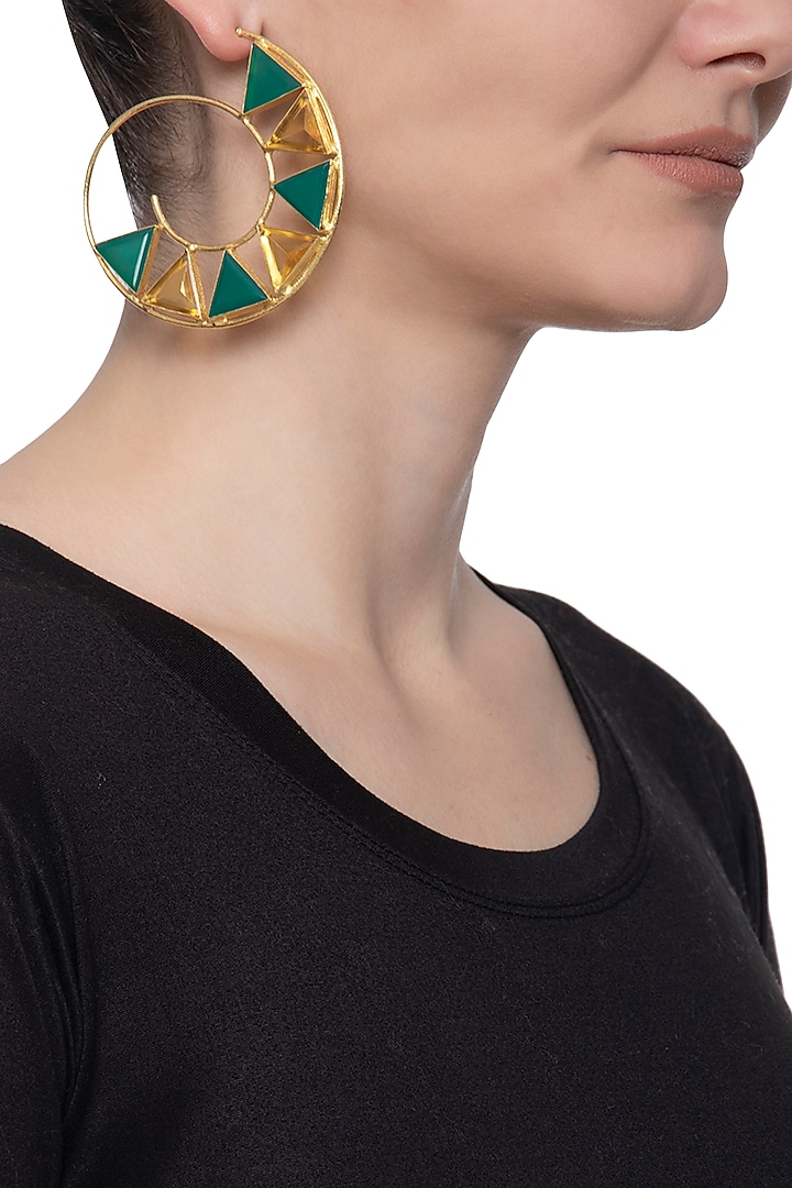 Gold plated green onyx and citrine stone hoop earrings by Varnika Arora