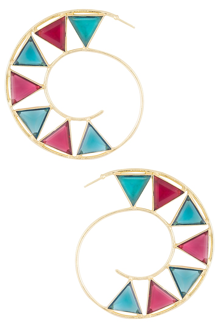 Gold plated blue and pink quartz stone hoop earrings by Varnika Arora at Pernia's Pop Up Shop