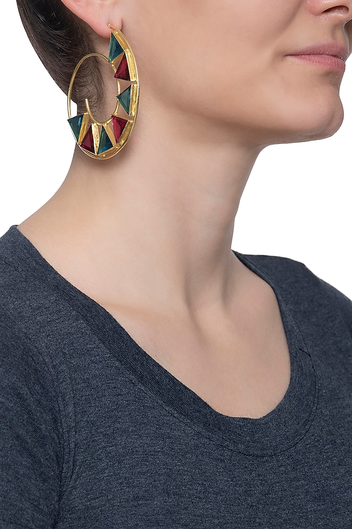 Gold plated blue and pink quartz stone hoop earrings by Varnika Arora at Pernia's Pop Up Shop