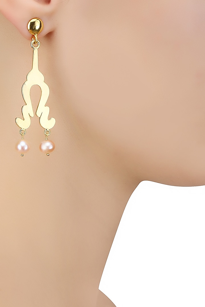 Gold Plated Peach Pearls Statement Earrings by Varnika Arora