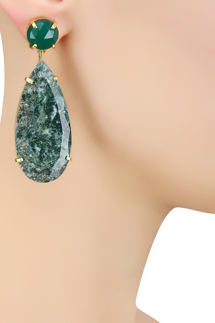 Gold Plated Moss Agate Semi Precious Stone Statement Earrings by Varnika Arora