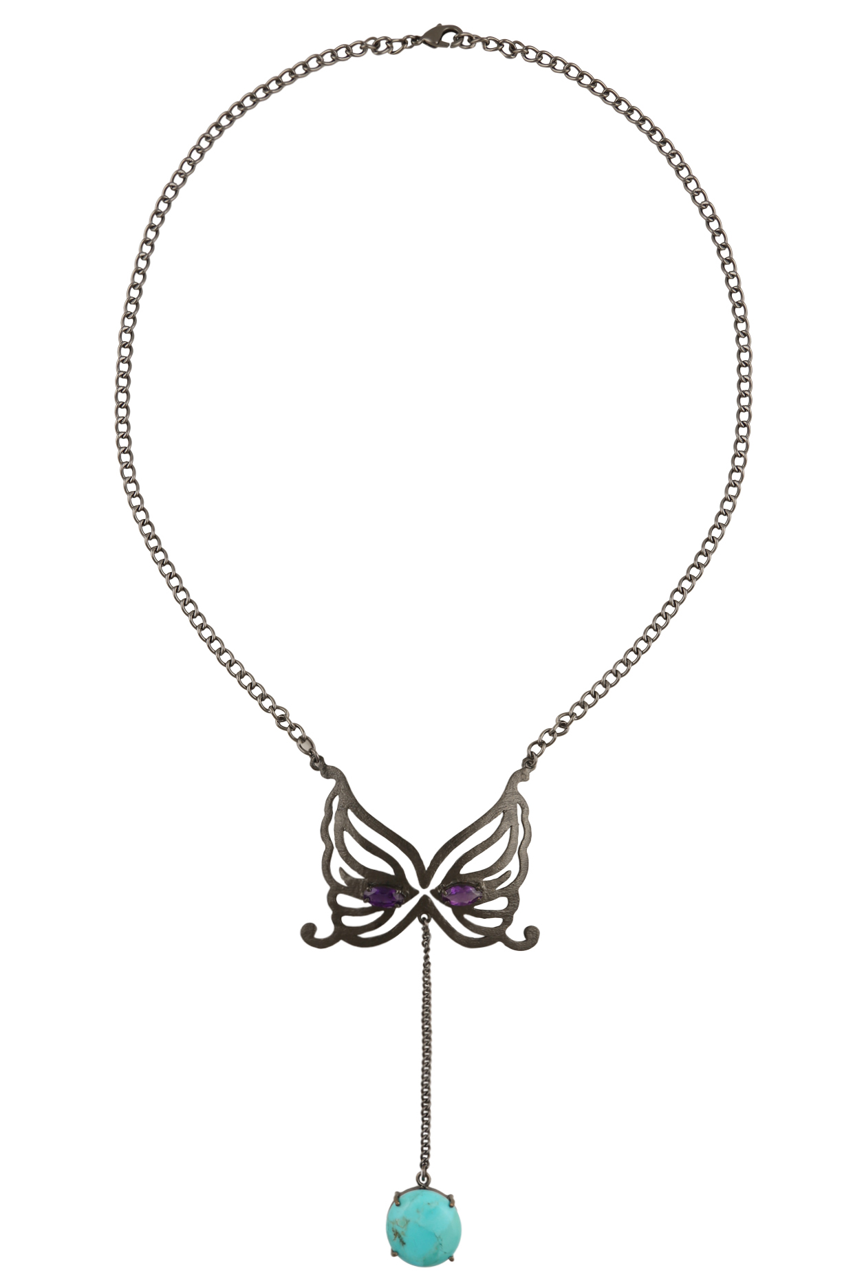 Black Plated Amethyst and Turquoise Mask Pendant Necklace by Varnika Arora