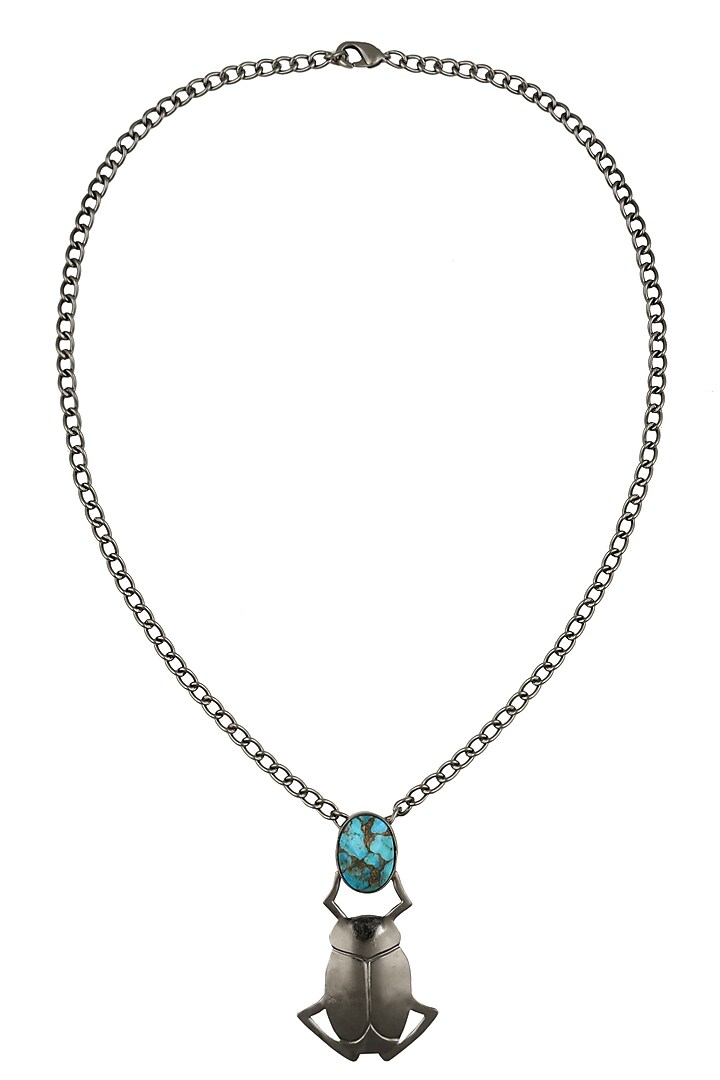 Black Plated Blue Mohave Turquoise Insect Pendant Statement Necklace by Varnika Arora
