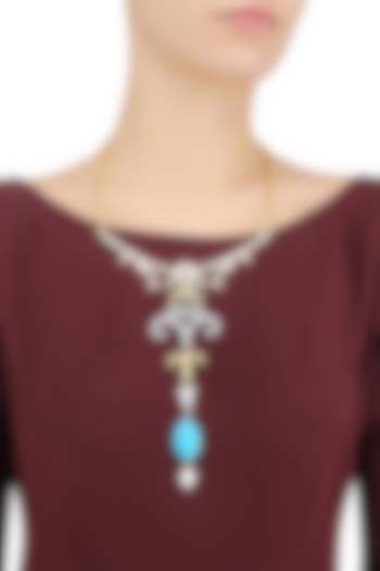 Gold Plated Compressed Turquoise Semi Precious Stone Statement Necklace by Varnika Arora