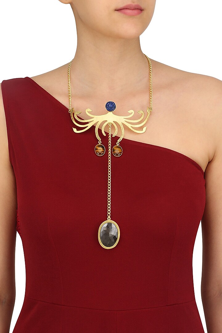 Gold Plated Tiger Eye and Lapis Lazuli Statement Necklace by Varnika Arora