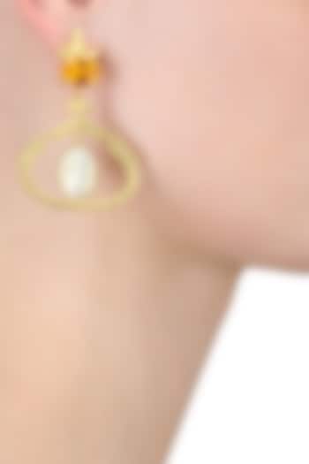 Gold Plated Empress's Citrine and Mother Of Pearls Earrings by Varnika Arora