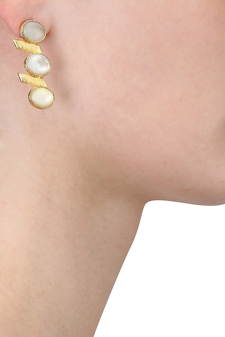 Gold Plated Empress's White Mother Of Pearls Drop Earrings by Varnika Arora