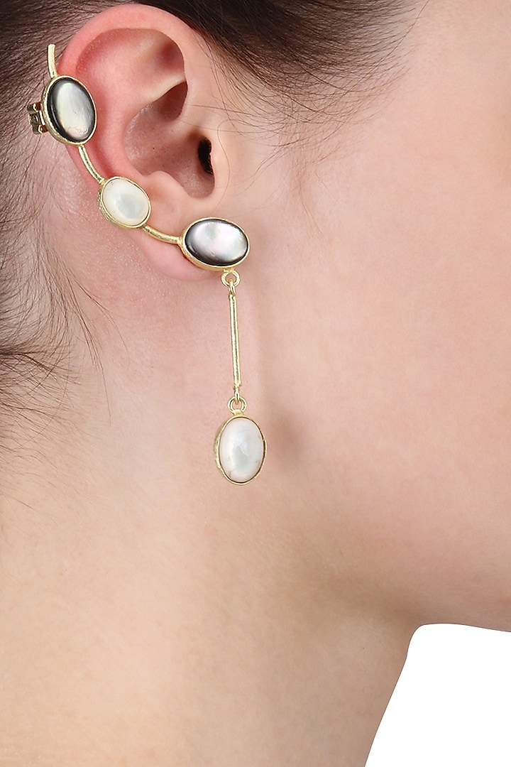 Gold Plated Empress's Mix Of White and Black Mother Of Pearls Ear Cuffs by Varnika Arora