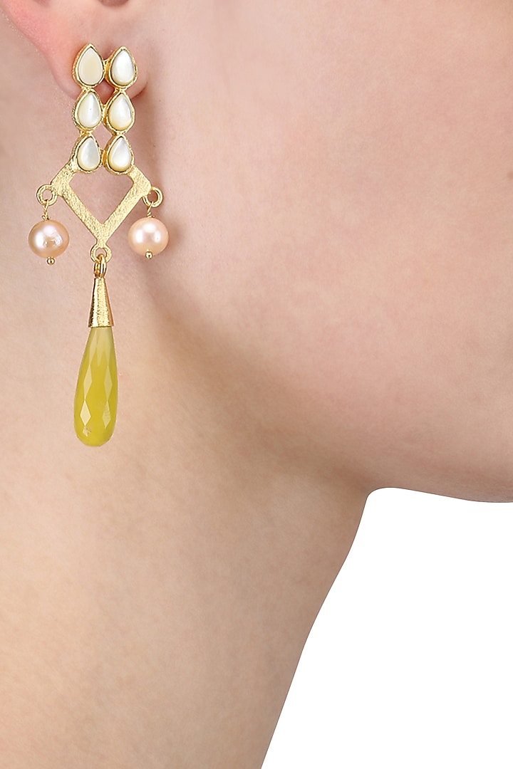 Gold Plated Empress's Mother Of Pearls and Yellow Onyx Drop Earrings by Varnika Arora