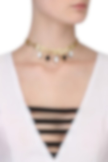 Gold Plated Consort's Black Onyx and White Mother Of Pearls Choker by Varnika Arora
