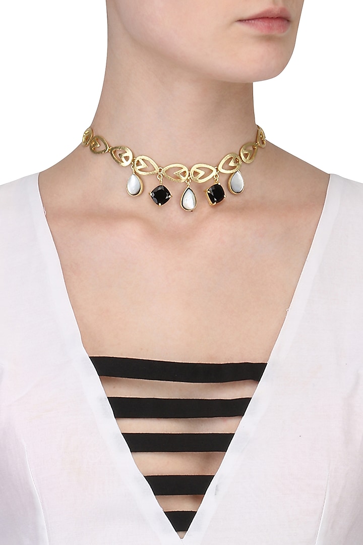 Gold Plated Consort's Black Onyx and White Mother Of Pearls Choker by Varnika Arora