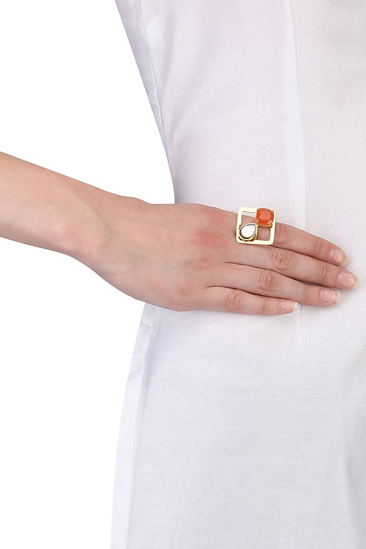 Gold Plated Queen's Carnelian and Black Mother Of Pearls Ring by Varnika Arora