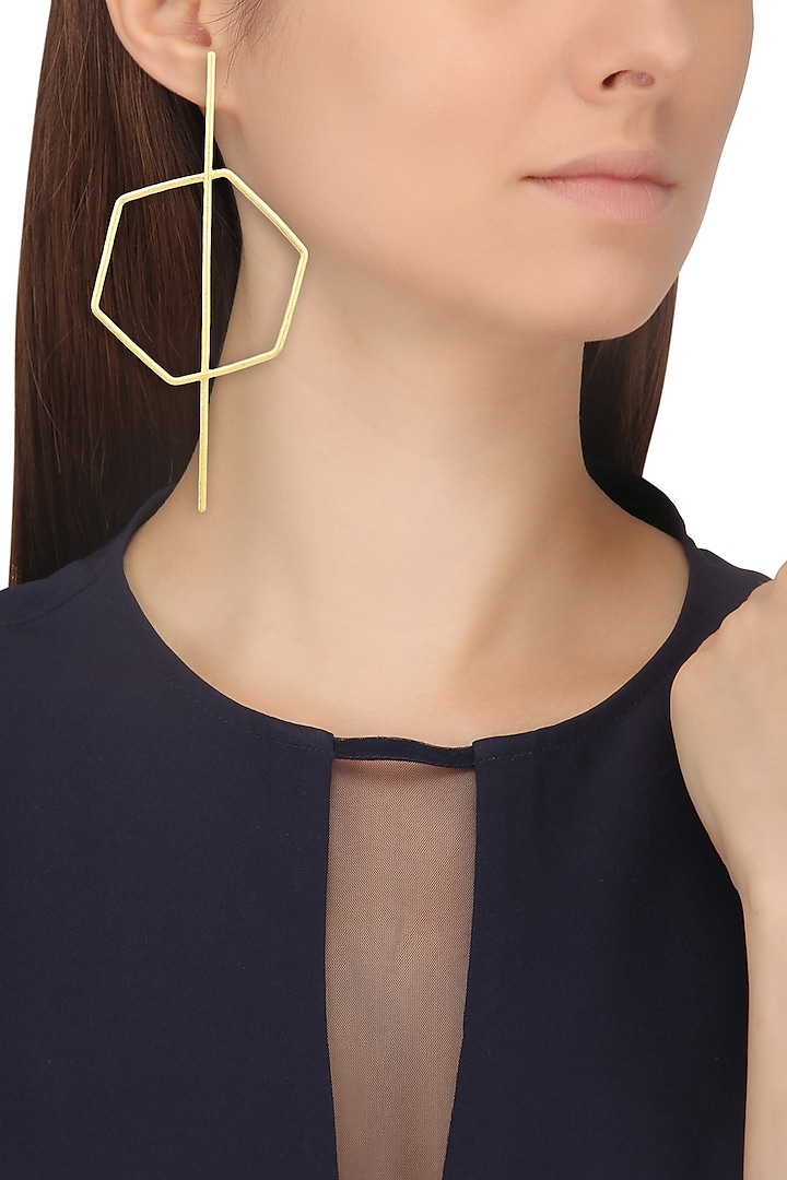 Gold Finish Hexagon Stinger Earrings by Varnika Arora