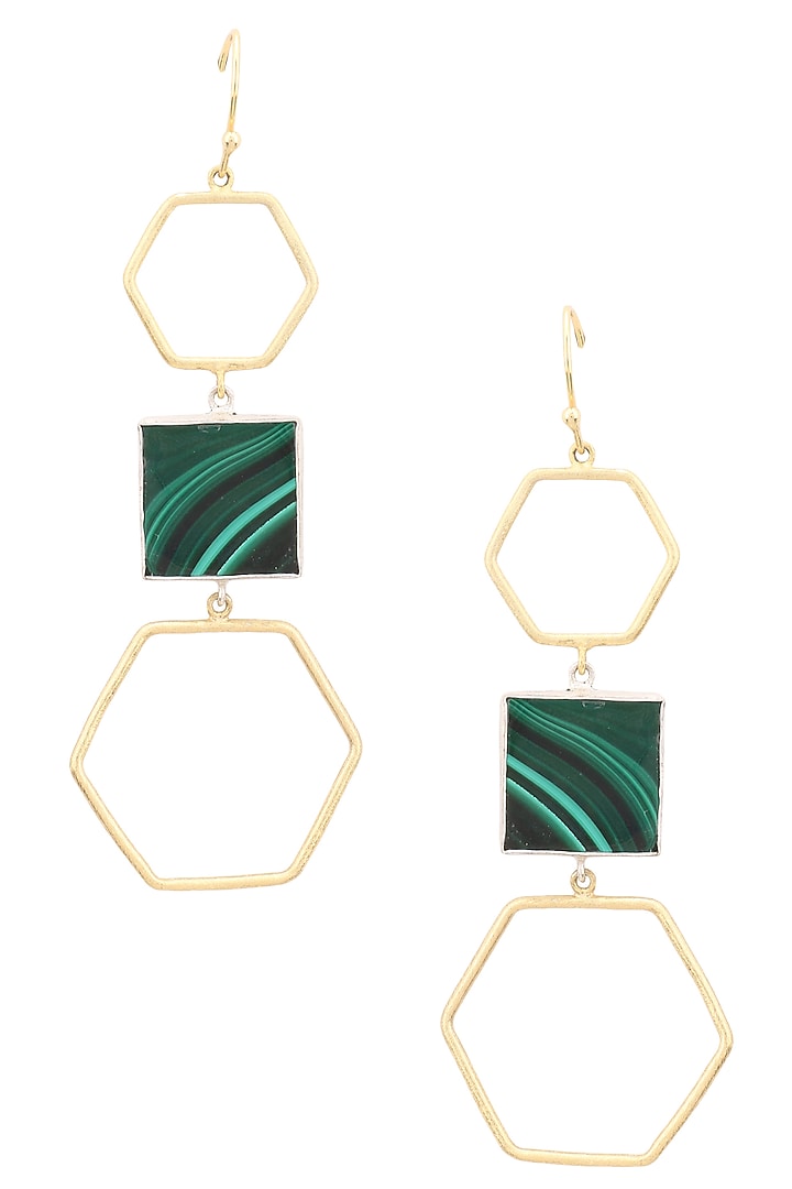 Gold and silver finish malachite stone hexagon earrings available only at Pernia's Pop Up Shop.