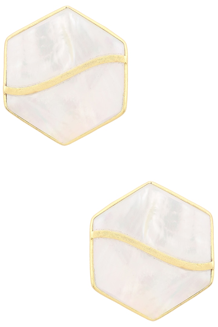Gold finish white mother of pearl hexagon earrings available only at Pernia's Pop Up Shop.